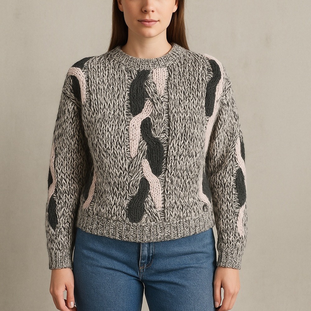 Vintage INDEX Sweater M Gray Pink Chunky Knit Abstract‎ Pattern 80s 90s Pullover